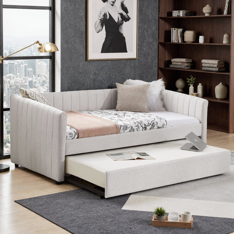 Upholstered Daybed with Vertical Channel Tufting, Pull-Out Trundle, Linen Beige, 3-in-1 Sofa Sleeper, Twin