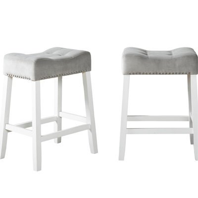2 tabourets à hauteur de comptoir, sièges de selle gris, finition blanchie, 2 tabourets en bois d'hévéa massif, velours blanchi, durabilité