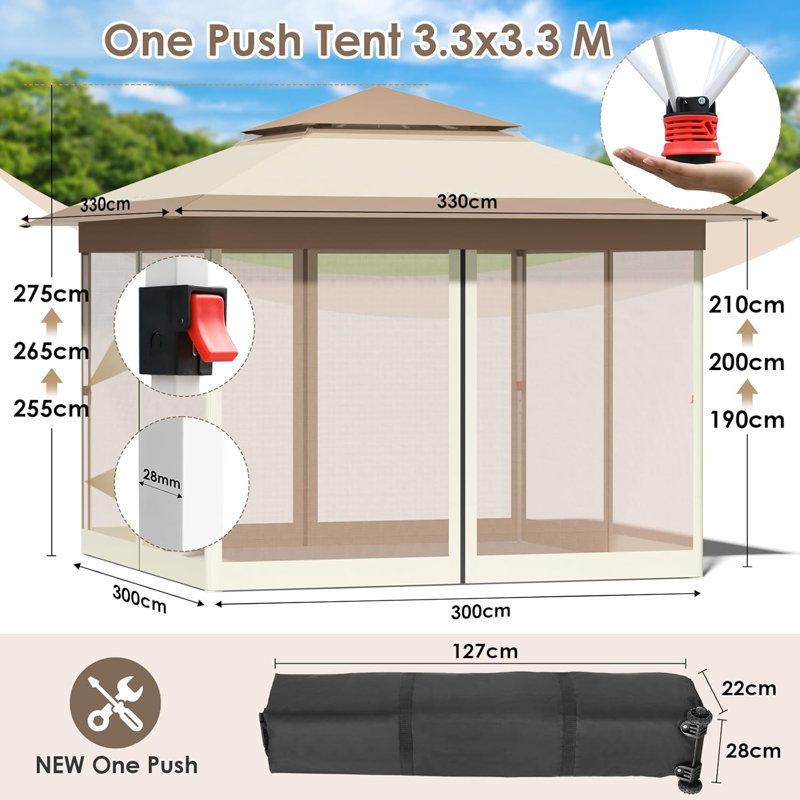 3.3 × 3.3 m One-Touch Pop-Up Canopy Tent with Extended Eaves, Mesh Panels, Waterproof Sealed Seams, Wheeled Carry Bag & Sandbags –