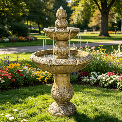 3-Tier Cascading Concrete Water Fountain Outdoor - Garden Large Waterfall Freestanding Fountain Outside for Patio, Backyard, Lawn, Yard Decor