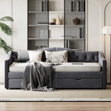 Grey Upholstered Daybed With Drawers - Twin Size, No Box Spring, Crafted From Wood Stylish Arms Size Velvet Upholstery And Storage Frame Stable Slats Elegant Design