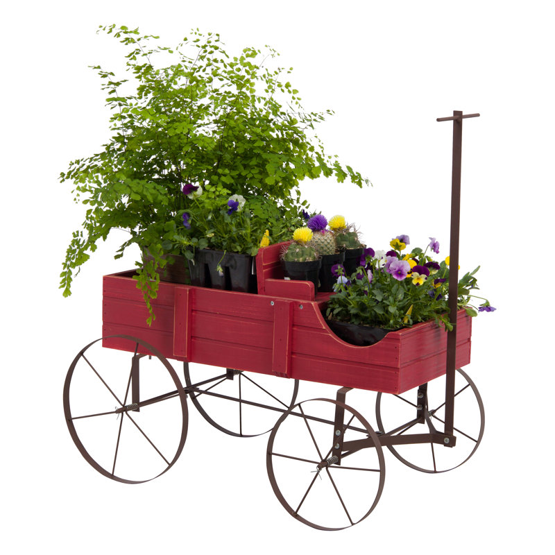 Jacksboro Decorative Wagon Wood Wheelbarrow Planter, 15.25" H x 13.5" W x 41.5" D, Red