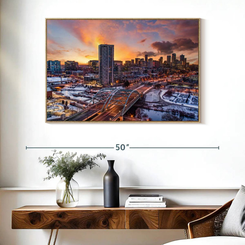 Coucher de soleil d'hiver à Denver, Cadre flottant en bois naturel, 40 po x 27 po