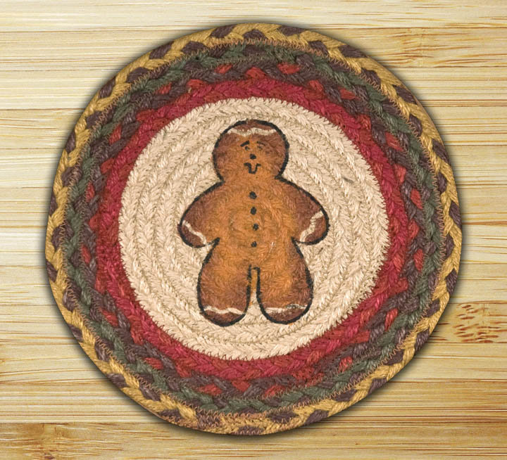 Earth Rugs Gingerbread Man Round Trivet – 10"x10" Braided Jute Accent with Festive Holiday Print