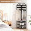 Organisateur de vestibule de coin en métal 4 en 1 - Support de hall d'entrée autoportant avec 4 tablettes en maille, 12 crochets mobiles et étagère à chaussures - Rangement peu encombrant pour la chambre à coucher, le salon, le bureau