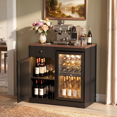 Meuble-bar à café en bois de 101,6 cm (40 pouces) avec compartiment mini-réfrigérateur, éclairage DEL, prises électriques et casier à vin, couleur noir.