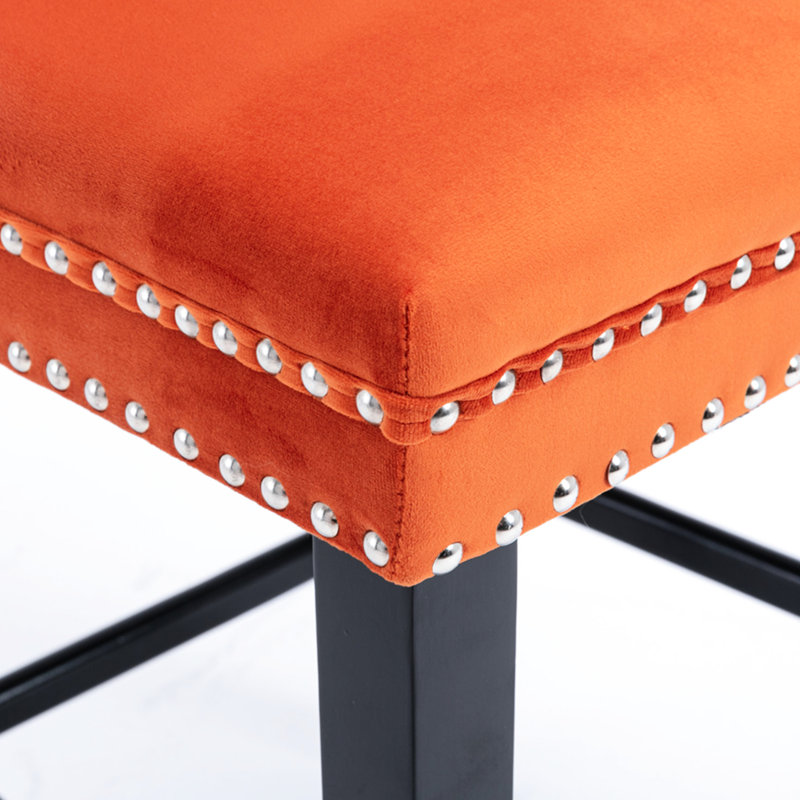Velours de style Mid-Century, boutons, pieds en bois massif, de 2 chaises de bar rembourrées orange, capitonnage, hauteur réglable,