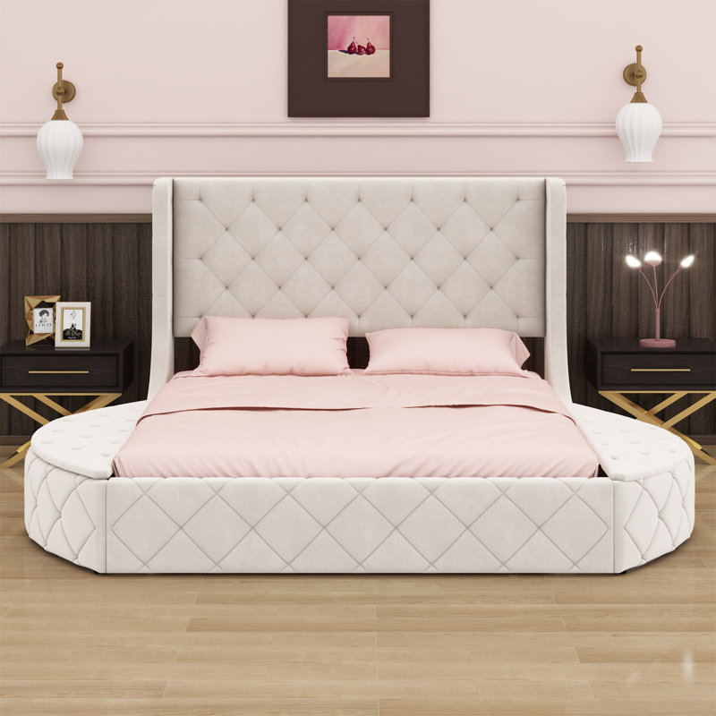 Lit plateforme tapissier avec tête de lit à oreilles, grand tiroir et 2 tabourets de rangement latéraux, Beige