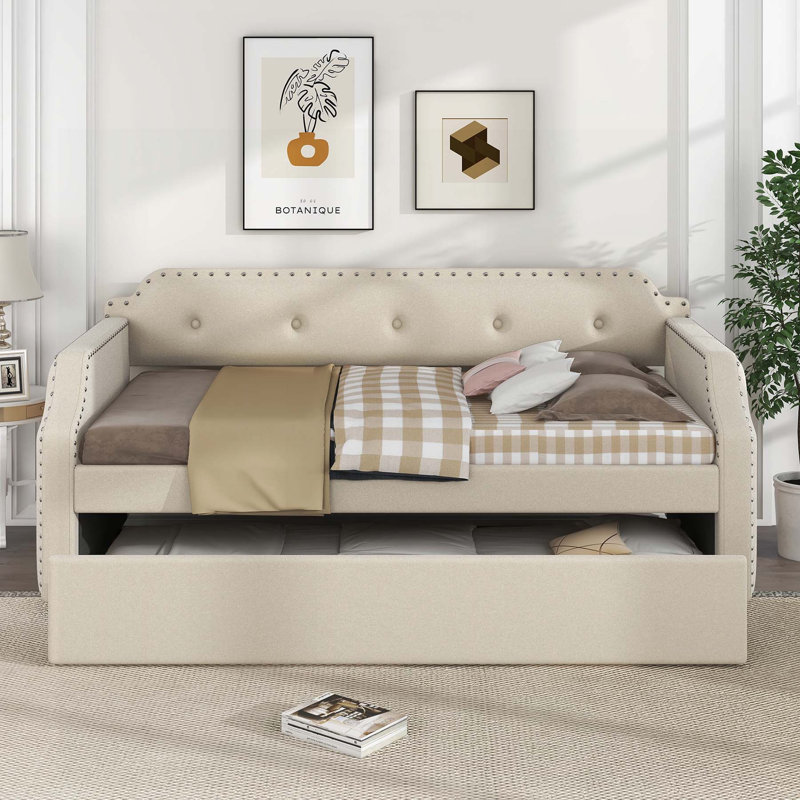 Versatile Upholstered Daybed with Trundle and Wood Slat Support, Ideal for Guest Rooms and Living Spaces, Offering Multiple Functions
