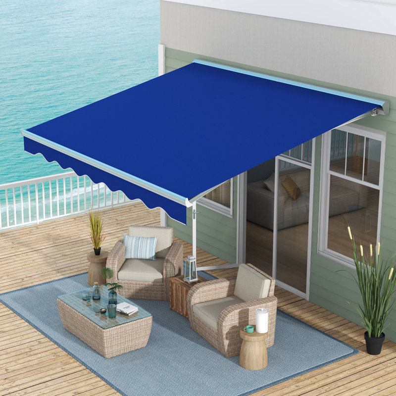 Auvent de terrasse rétractable 13 pi x 10 pi avec lumières DEL, bleu. Pare-soleil UV40 +. Télécommande électrique et manivelle, réglable 45 - 85 ° pour patio, cour, lumières de balcon, balcon, terrasse, bleu, fonction à manivelle