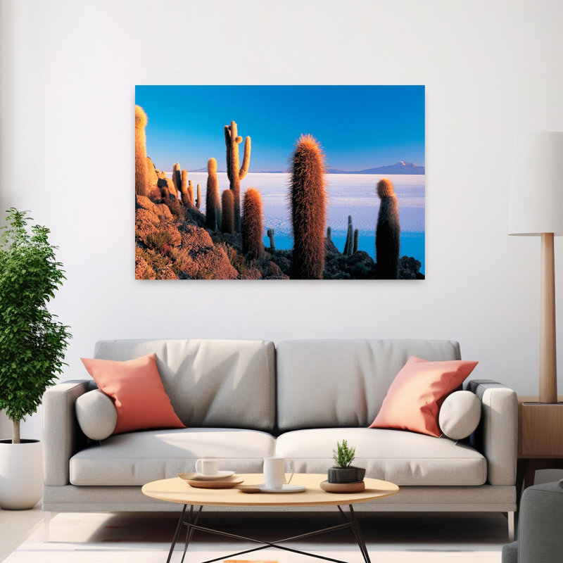 Cactus sur une colline Salar de Uyuni Potosi, Bolivie, abstrait, cactus contemporain, paysage, art naturel, H 40 po x l 60 po
