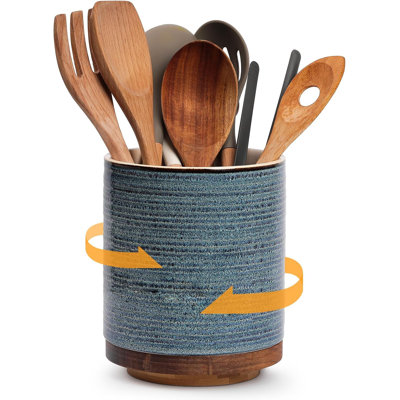360° Rotating Extra Large Cooking Utensil Holder, 7.6" Kitchen Utensil Holder For Countertop, Utensil Crock For Farmhouse Kitchen Decor, Ceramic Stable Utensil Caddy, Blue