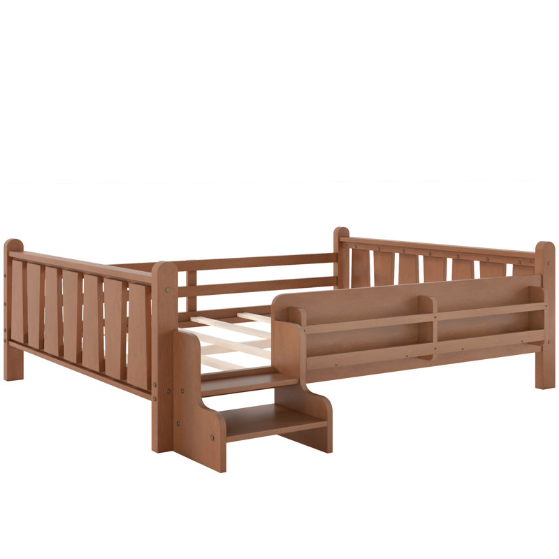 Lit double en bois massif avec escalier, rangement et fonction de sommeil autonome, Full, Natural