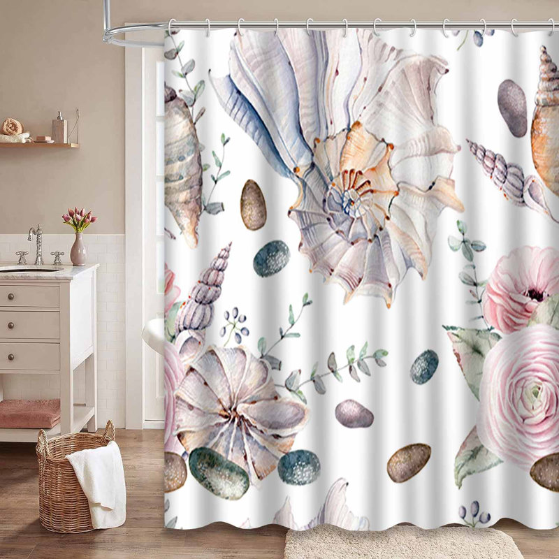 Rideau de douche en tissu avec 12 crochets Watercolor Sea Shells, L 72 po x l 78 po