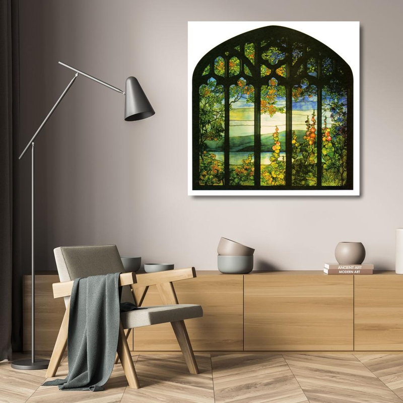 Paysage avec roses trémières, H 20 po x l 20 po