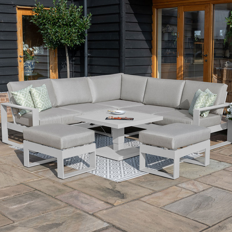 Dawana Square Aluminium Corner Dining Set - with Rising Table & Footstools - White