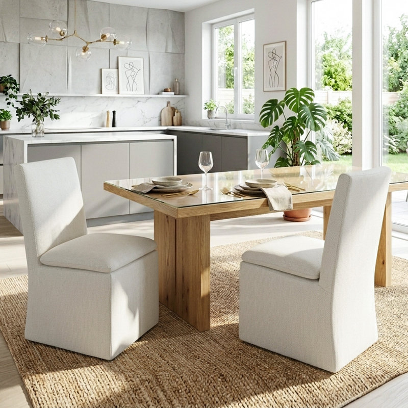 Keaton 21" Wide Modern No Assembly Upholstered Linen Side Dining Chair with Casters, Ivory