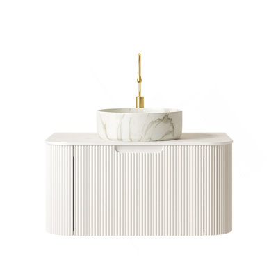 30" Bathroom Vanity&Sink, Floating Curved Edges Striped Storage Plywood Bathroom Cabinet With Drawer, Matte Stone White Pattern Ceramic Basin&Sintered Stone Top, Pre-Assembled, White Color