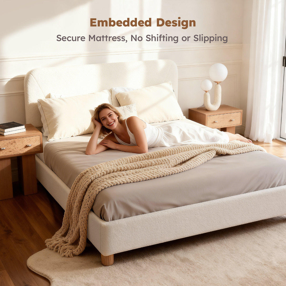 Ebern Designs Boucle Bed Frame, Upholstered Cloud Bed Frame with ...