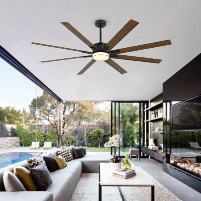 Ventilateur de plafond 8 pales avec lumière et télécommande, ventilateur de plafond industriel réversible à courant continu, pales en aluminium noyer moderne et silencieux, 6 vitesses pour patio, maison de campagne, bureau
