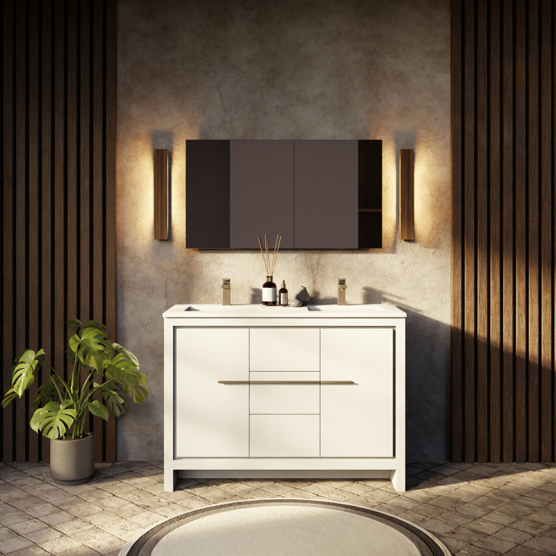 Lafarre 48 in W x 20 in D Double Bath Vanity Mirror & Faucet Set, White, White Cultured Marble
