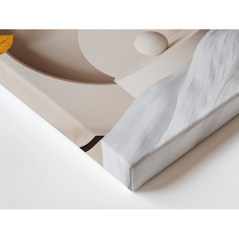 Toile dans une composition minimaliste, branches sombres minces avec art mural orange vif, feuilles et petites baies de couleur crème, art mural