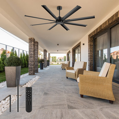 96 Inch Black Industrial DC Motor Ceiling Fan, Large Ceiling Fan With 8 Reversible Blades, 6-Speed Remote Control, Home Or Commercial Ceiling Fans For Porch/Garage/Shop