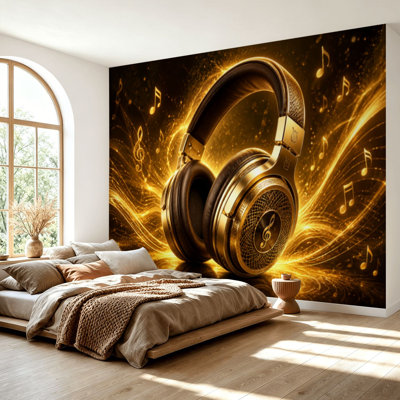 Wall Mural Peel and Stick Wallpaper Music Gold Metal Microphone Headset Musical Note Golden Headphones Self-Adhesive Removable Contact Paper Wall Decor for Living Room Bedroom 69"H x 96"W