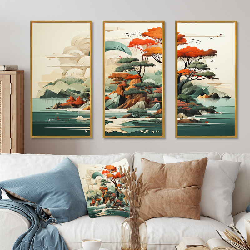 «Vintage Japanese Lake Scenery I - Abstract Landscape», art mural, Cadre flottant doré, H 40 po x l 61 po x P 1 po