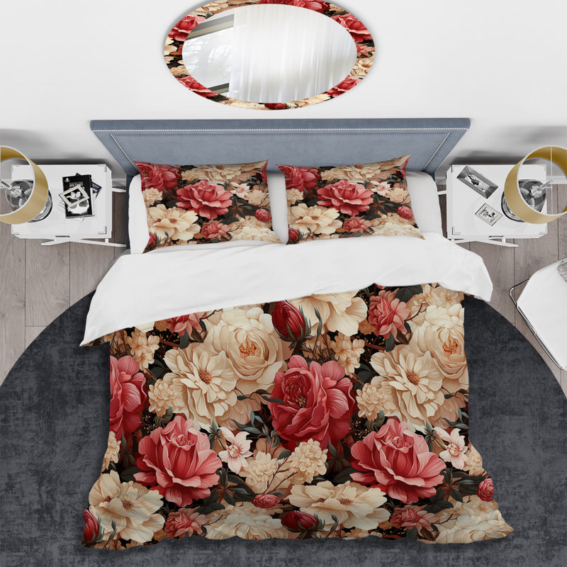 Ensemble de housse de couette à motif floral rétro rose et beige, Housse de couette simple + 1 taie décorative stan