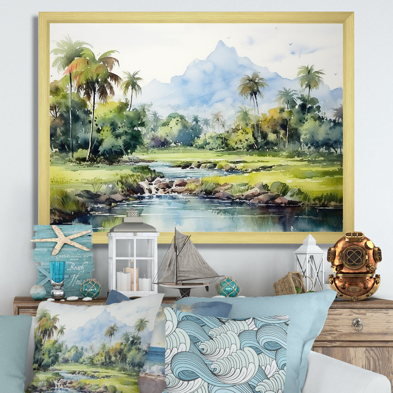 Paysage indonésien - Art mural Indonésie, H 12 po x l 20 po x P 1 po, Cadre d'angle fermé doré