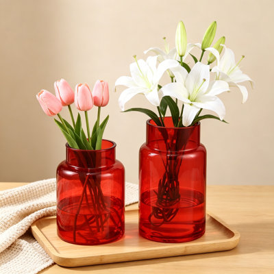 Set of 2 Large Red Glass Vases for Flowers, Tall Wide Mouth Vases for Bouquets, Home Wedding Living Room Office Decor, 7 Inch and 9 Inch