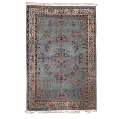 Tapis bleu / gris / rose noué à la main de haute qualité