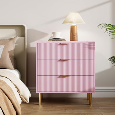 Pink 3-Drawer Dresser, Modern Wood Chest with Gold Handles, Large Storage for Bedroom, Living Room, Entryway