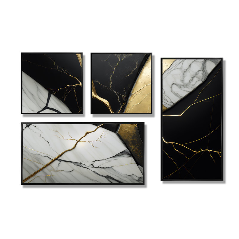 Abstract Geode IV - Art mural abstrait en marbre 4 pièces, Noir, Impression encadrée sans passe-partout