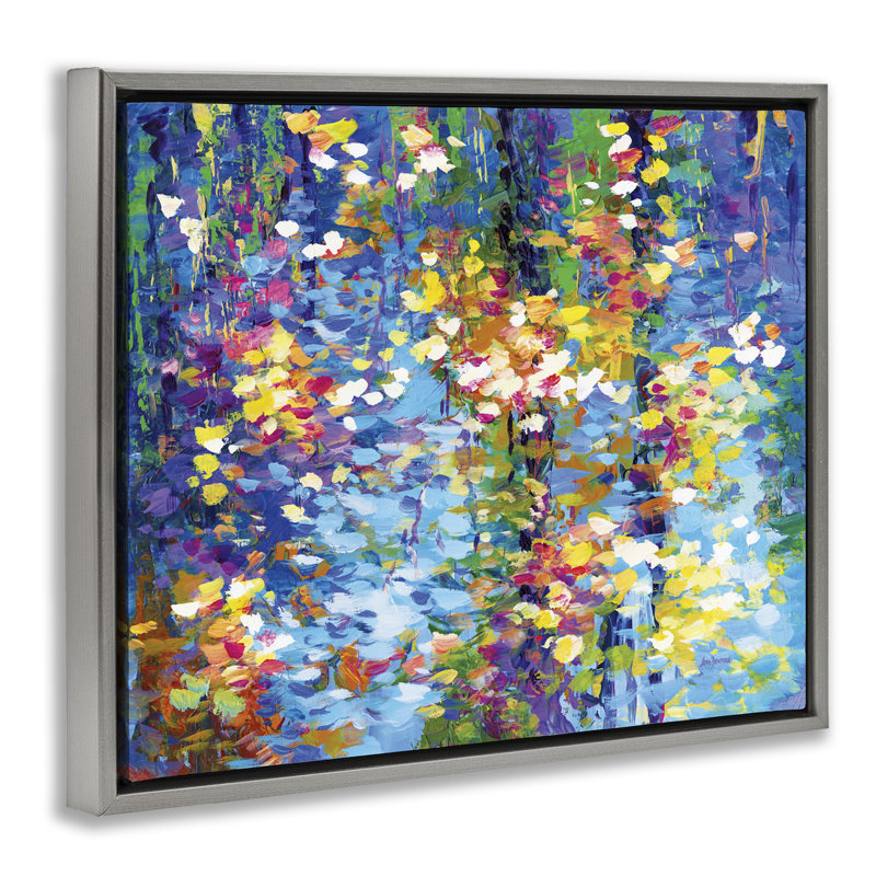 «Lake Reflections Colorful Lake Flowers», encadrée sur toile par Leon Devenice, Cadre flottant gris lustré, H 17 po x l 21 po