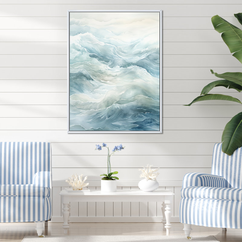 Impression sur toile Ocean Minimal Waves Charm, Cadre flottant blanc, H 44 po x l 34 po x P 1,5 po