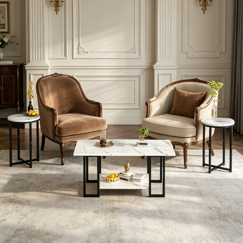 Ensemble de 3 tables basses modernes en faux marbre avec tablettes de rangement ouvertes, table de centre rectangulaire et tables d'appoint rondes, ensemble de meubles de salon avec structure en métal noir
