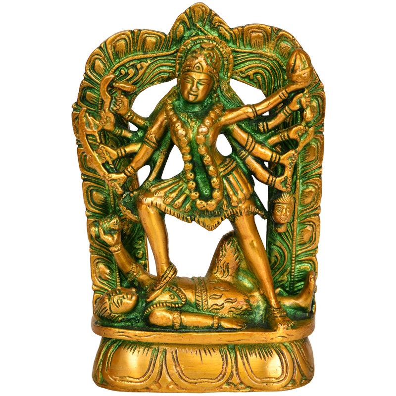 6" Handcrafted Brass Dashabhuja Kali Statue - Ten-Armed Hindu Goddess Sculpture for Home Decor, Spiritual Protection & Divine Power Display - Traditional Sacred Art