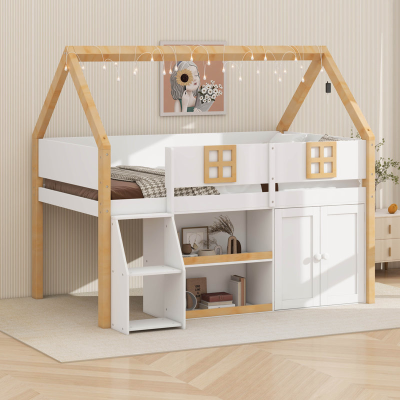Lit mezzanine bas avec lumières DEL, lit mezzanine en bois, Lit double