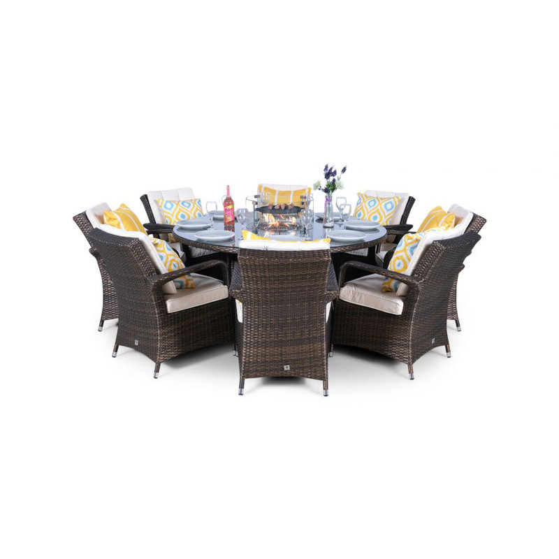 Otero 8 - Person Wicker Patio Dining Set with Round Table , Cushions Included, Brown, Beige