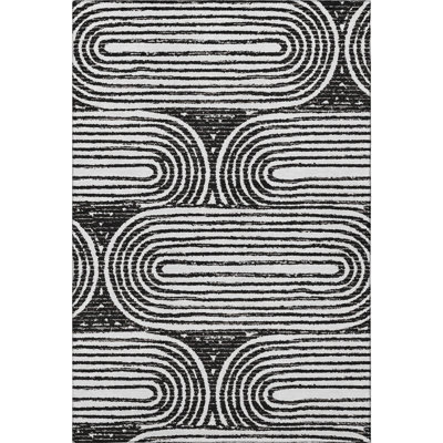 5' X 8' Black And Ivory Geometric Distressed Washable Area Rug With UV Protection