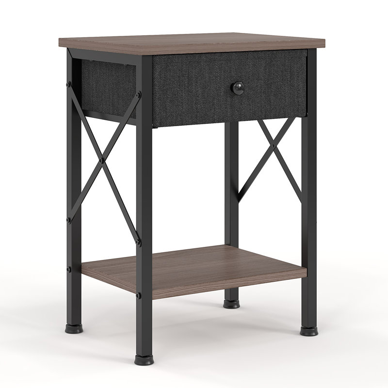 Fabric Drawer Nightstand With Open Shelf, Small Bedside Table For Bedroom, Living Room Or Dorm, Gray/Black