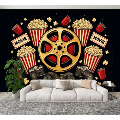 Papier peint à peler et coller, rétro, film, appareil photo, maïs soufflé, peintures murales de style rétro, papier peint amovible en PVC, H 100 po x l 144 po, pour chambre à coucher, bureau à domicile