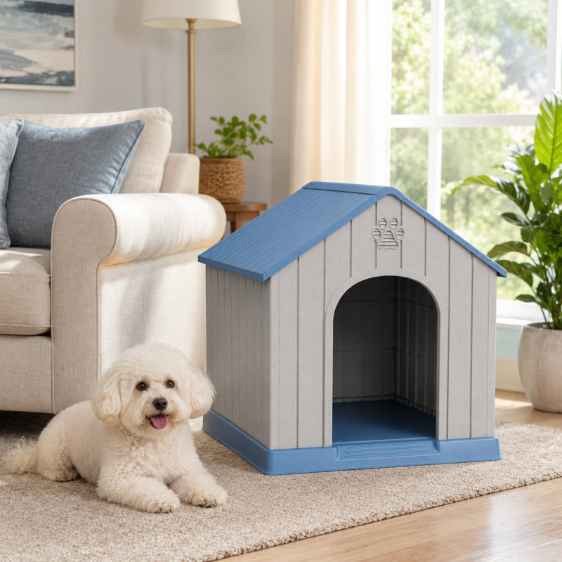 Niche pour chien en résine résistante aux intempéries, 25.83" H x 24.57" W x 26.26" D, Gris Antarctique / bleu