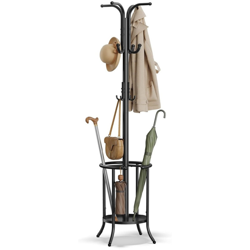 Coat Rack Freestanding, Coat Rack With Umbrella Holder With 12 Hooks, For Entryway, Hallway, Living Room, Bedroom, Ink