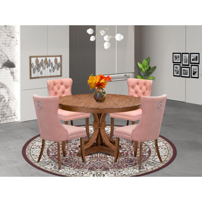 Ensemble de table de salle à manger 5 pièces comprenant une table de cuisine et 4 chaises rembourrées en tissu de polyester rouge beige avec dossier capitonné, noyer antique