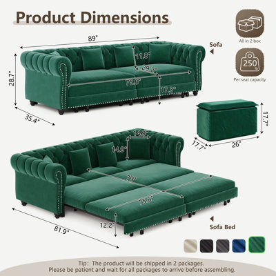 Canapé-lit convertible Chesterfield 3 en 1 avec pouf amovible, format King, revêtement en velours, idéal pour les petits espaces et les intérieurs modernes