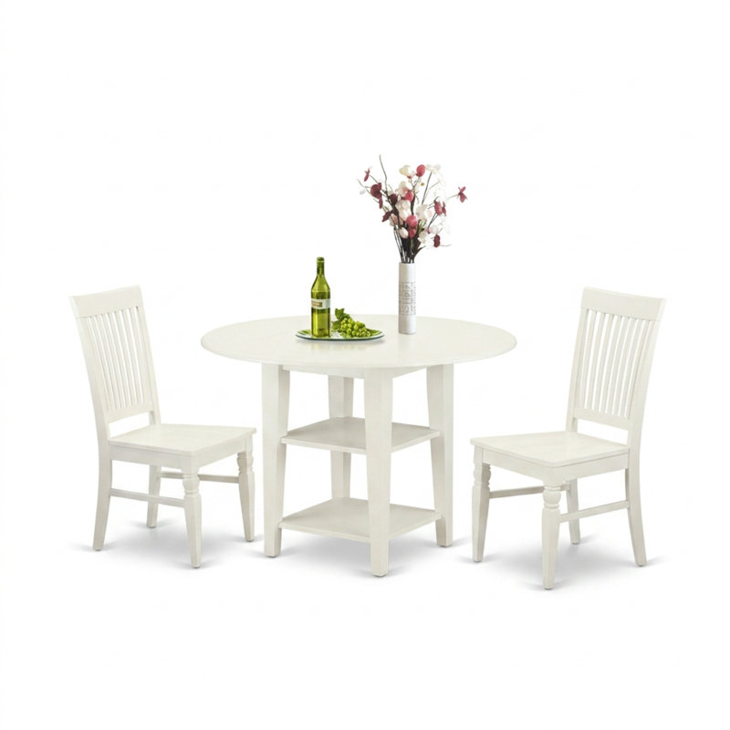 Ensemble de salle à manger rond 3 pièces en bois d'hévéa massif blanc lin avec 2 chaises à dossier à lattes, siège en bois et deux rallonges rabattables de 28 cm (11 pouces).