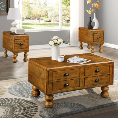 Table de salon en bois massif antique. 1 table basse et 2 tables de bout, grandes tables rectangulaires polyvalentes et faciles à installer